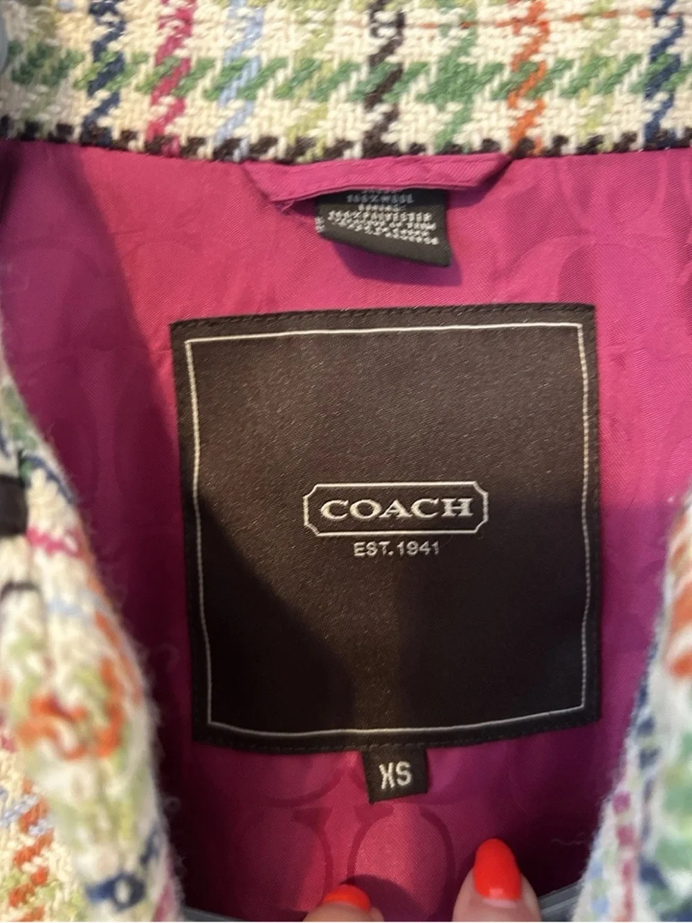 Coach Tattersall Hampton Tweed Plaid Rainbow Houndstooth Wool Pea Coat Jacket XS